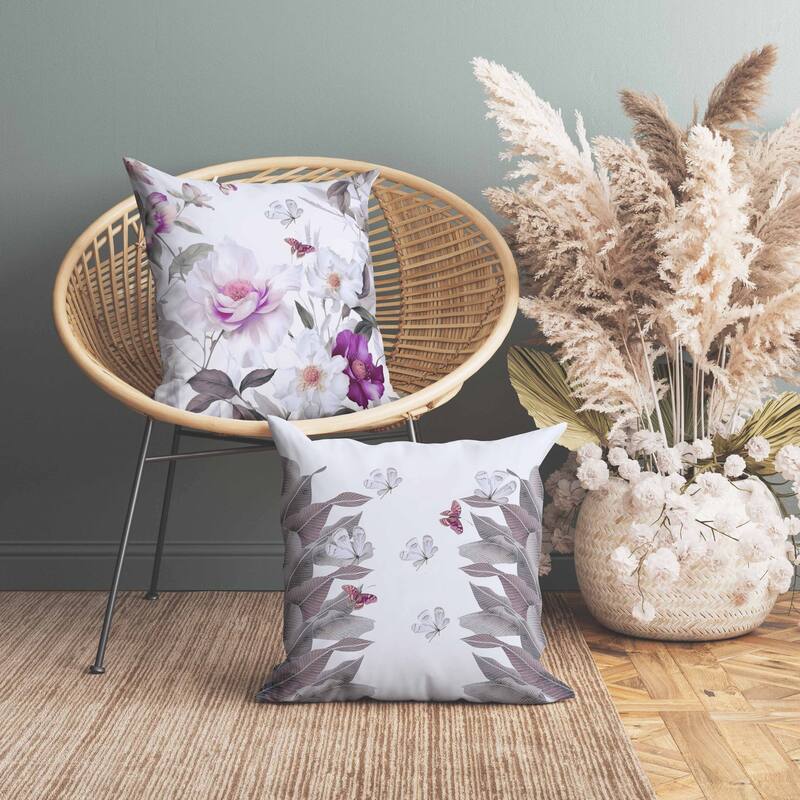 Leafy Lepidoptera Medley Faux Suede Reversible Throw Pillow White and Purple