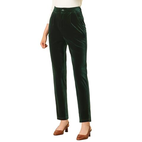 Women's Elastic High Waist with Pockets Casual Work Wide Leg Pants - Deep Green