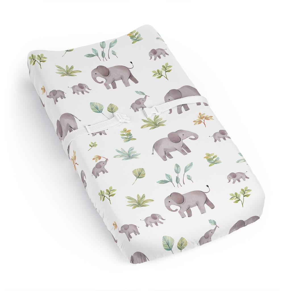 Sweet Jojo Designs Watercolor Elephants Boy Girl Gender Neutral Changing Pad Cover Sheet Green Grey Jungle Safari Palm Trees