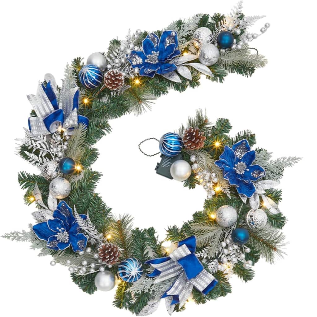 6ft Blue Flowers Christmas Garland with 20 LED Lights - N/A