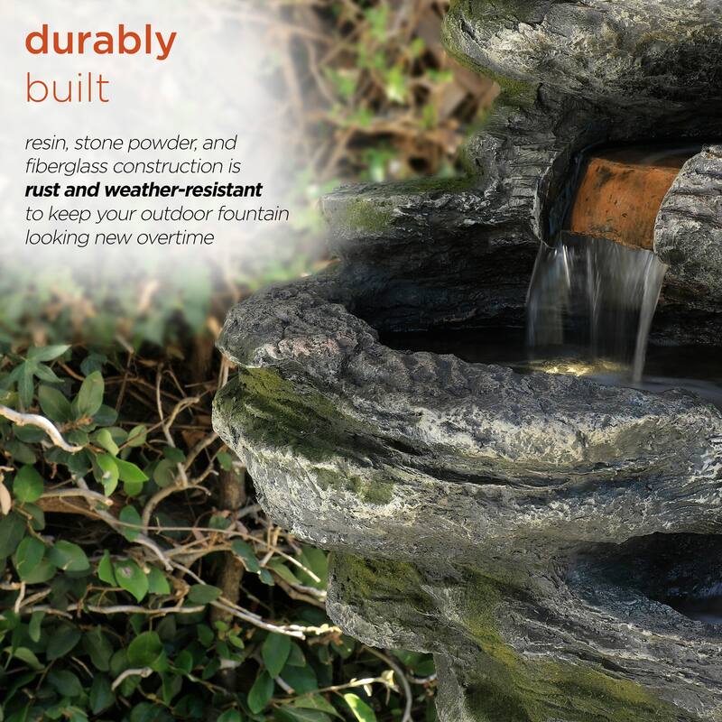 Alpine Corporation WIN1146 58" Gray Outdoor Floor 8 Tier Rock Water Fountain with LED Lights