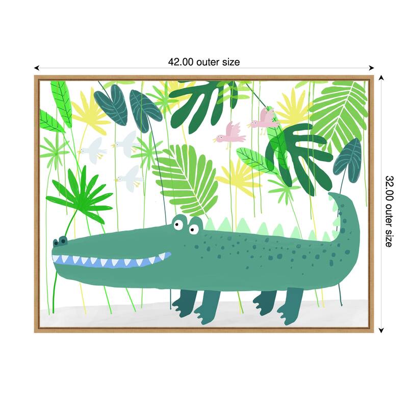 Happy Crocodile in the Jungle by Carla Daly Framed Canvas Wall Art Print - Plastic - 42 x 32 in - Brown