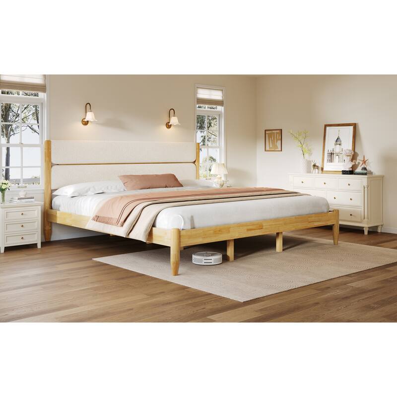 Solid Wood Platform Bed Frame with Ivory Fleece Upholstered Headboard, Wood Slats Support and Center Wood Legs