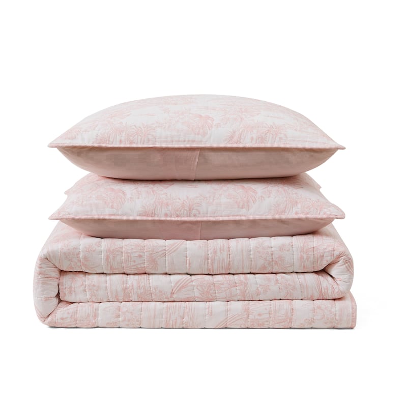 Tommy Bahama Beach Bluff Toile Cotton Reversible Pink Quilt Set