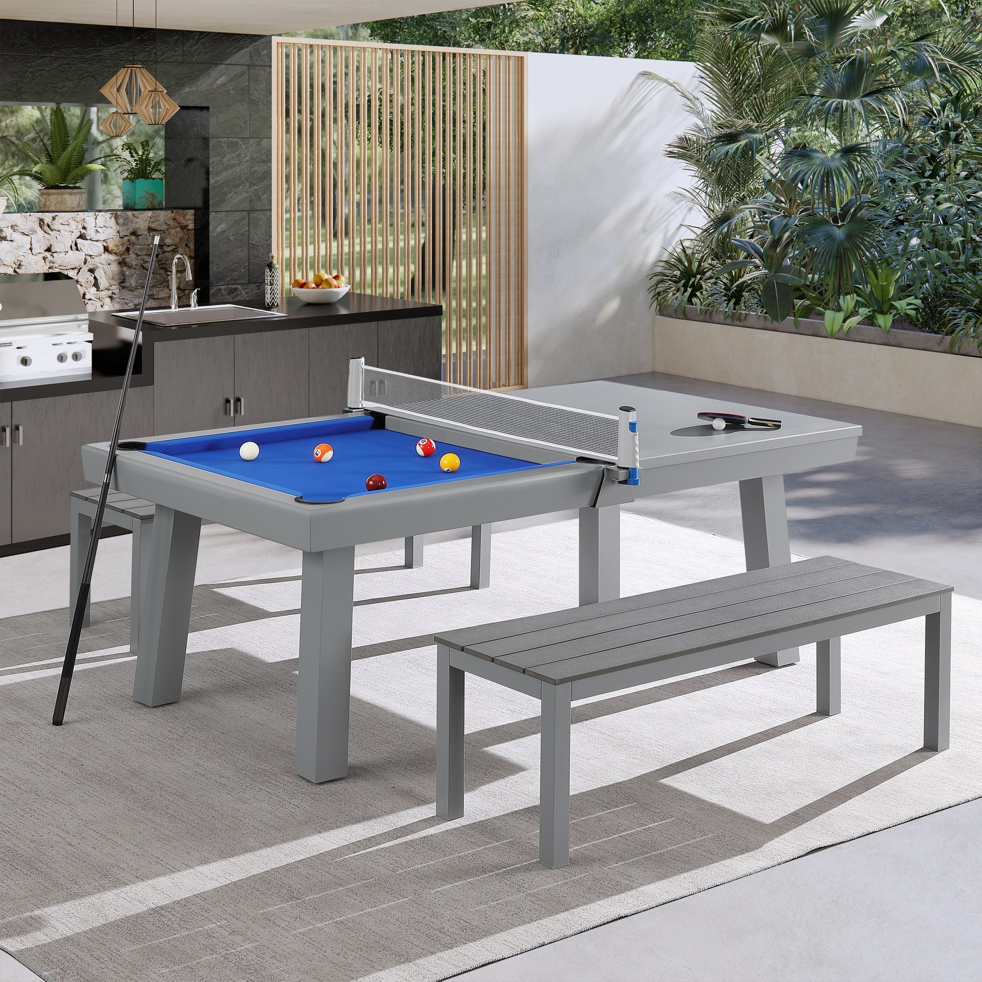 Laguna Indoor Outdoor 7ft Slate Pool Table Dining Set with 2 Benches Accessories Cement Finish Bed Bath Beyond 36202522