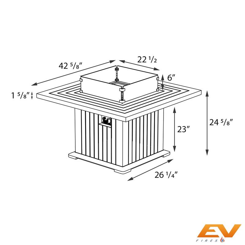 EV Fires 43" Aluminum Fire Pit Table - Black with Black Clips and Wind Guard - 31"H x 43"W x 43"D