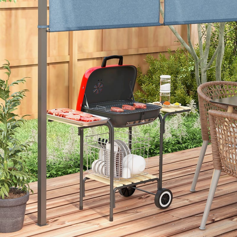 Portable Charcoal Grill with Wheels 2 Side Tables and Bottom Shelf, Adjustable Vents, for Picnic Camping, Backyard, Cooking