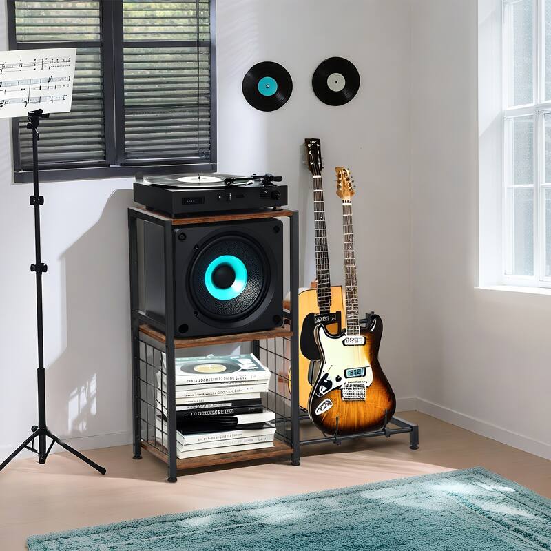 Homy Casa Record Player Stand with Media Shelves & Guitar Rack