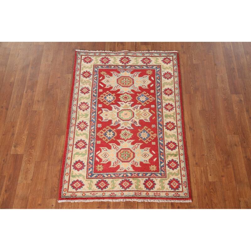 Kazak Accent Rug Hand-Knotted Red Geometric Wool Carpet - 2'9" x 4'1"