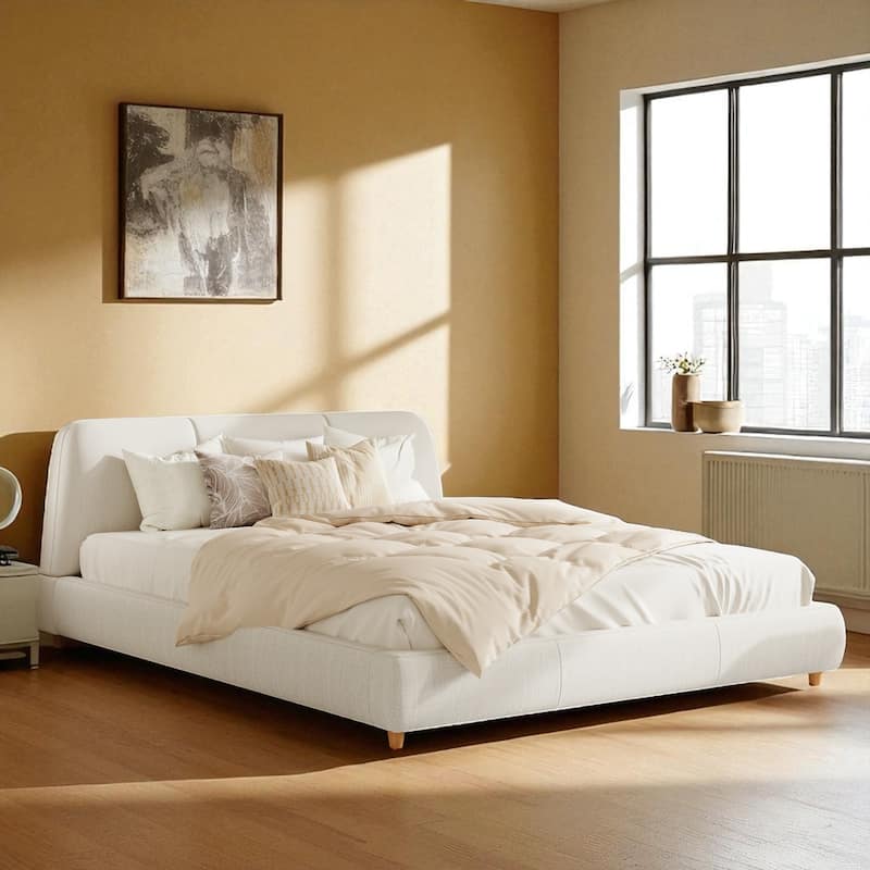 Queen/King Size Upholstered Platform Bed Frame with Linen Blend Fabric, Solid Wood Legs, No Box Spring Required