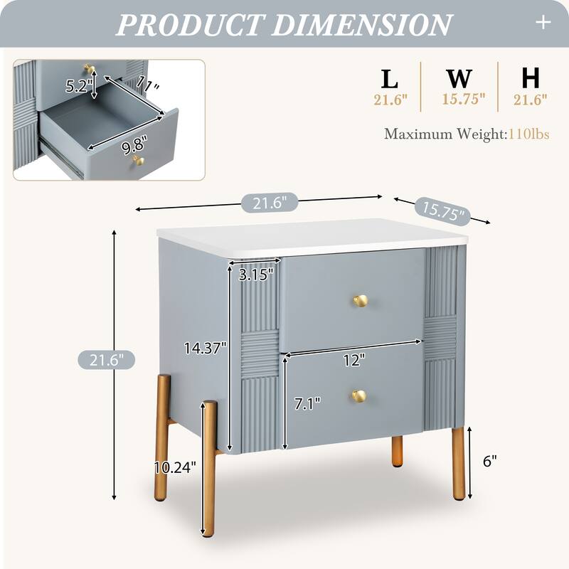 Contemporary Nightstand Featuring 2 Storage Drawers, Fluted Design with Gold-Tone Metal Handles and Legs, Versatile End Table
