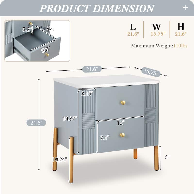 Modern Nightstand with 2 Storage Drawer, Fluted Bedside Table with Golden Metal Handles and Legs