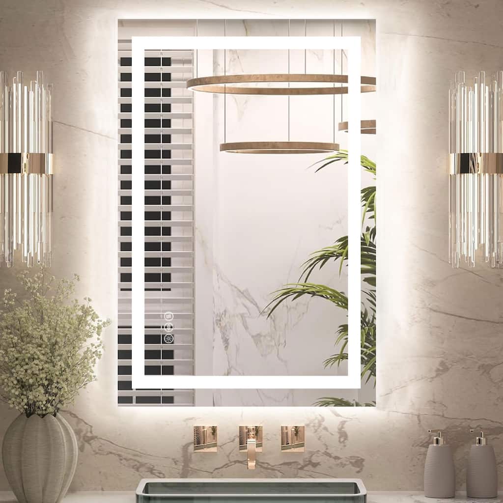 LED Bathroom Vanity Mirror Wall Mounted with Double Light Strip, 3-Color Dimmable, Anti-Fog, HD Tempered Glass, UL-Listed, ETL