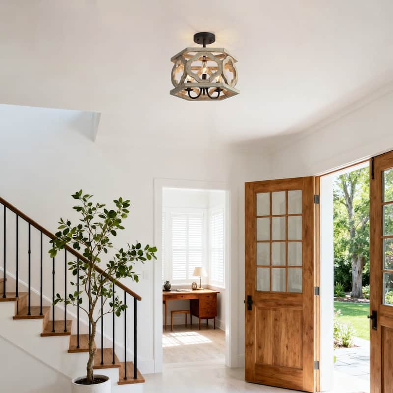 Modern Farmhouse Wood 3-Light Semi-Flush Mount Drum Ceiling Lights - 14" D x 9" H
