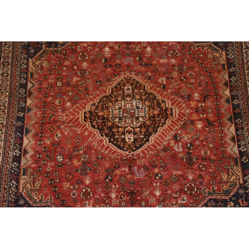 Hand Knotted Oriental 100% Wool Carpet Traditional Medallion Red Shiraz Area Rug - 9' 10'' X 6' 11''