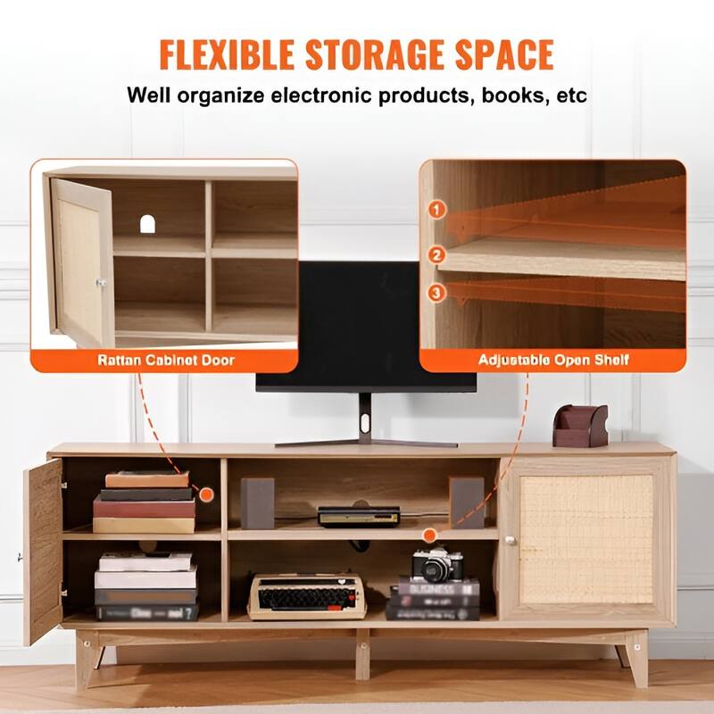 Rattan TV Stand for 75 Inch TV Mid Century Modern Cabinet with Storage - 17.4x17.4x13.8in