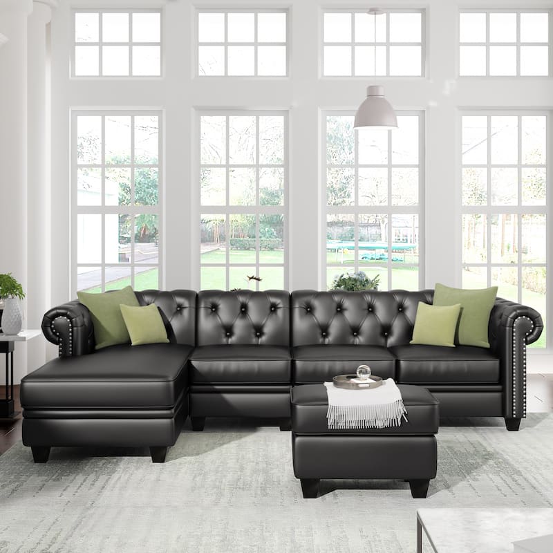 116" Chesterfield Sectional Sofa Set, PU Leather 4-Seat Living Room Set with Storage Ottoman ,Nailheaded - Black