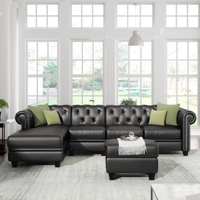 116" Chesterfield Sectional Sofa Set, PU Leather 4-Seat Living Room Set with Storage Ottoman ,Nailheaded