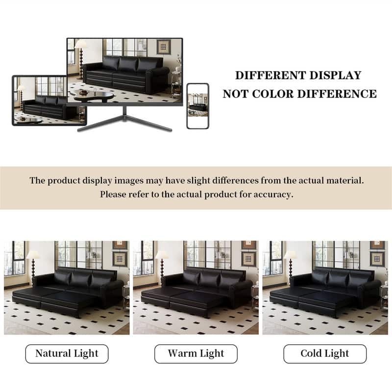 3-in-1 King Pull Out Sofa Bed Chesterfield Sofa, Velvet/Faux Leather Convertible Sleeper Sofa with Nailhead Trim & Rolled Arm