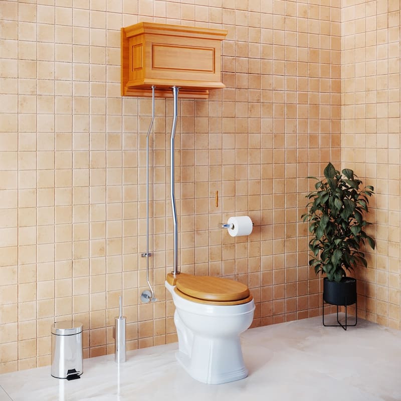 High Tank Toilet - Mahogany Flat Tank, White Round Bowl and Satin L Pipe Renovators Supply