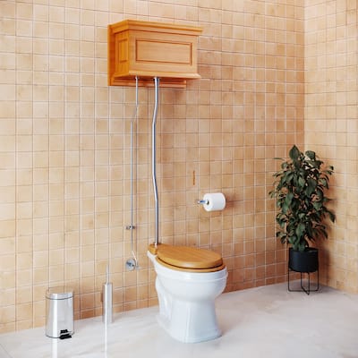 High Tank Toilet - Mahogany Flat Tank, White Round Bowl and Satin L Pipe Renovators Supply
