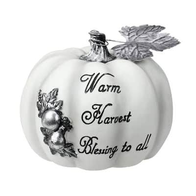8" White Black "Warm Harvest Blessing" Pumpkin Fall Harvest Decoration