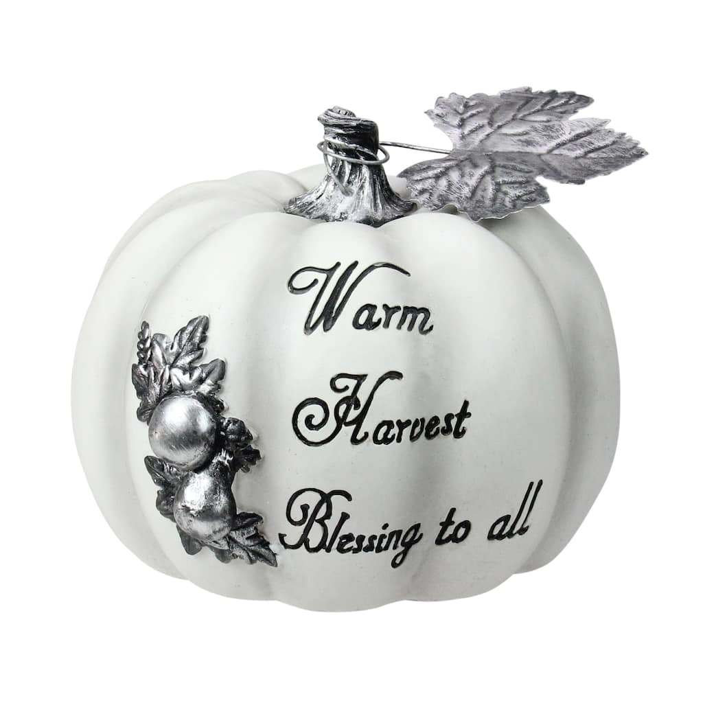 8" White Black "Warm Harvest Blessing" Pumpkin Fall Harvest Decoration