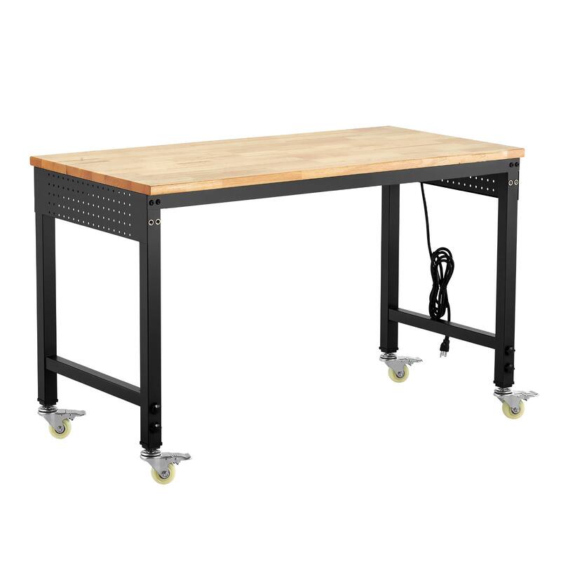 Black and Natural Oak Adjustable Height Workbench with Power Strip, Casters and Hooks - Black-Natural