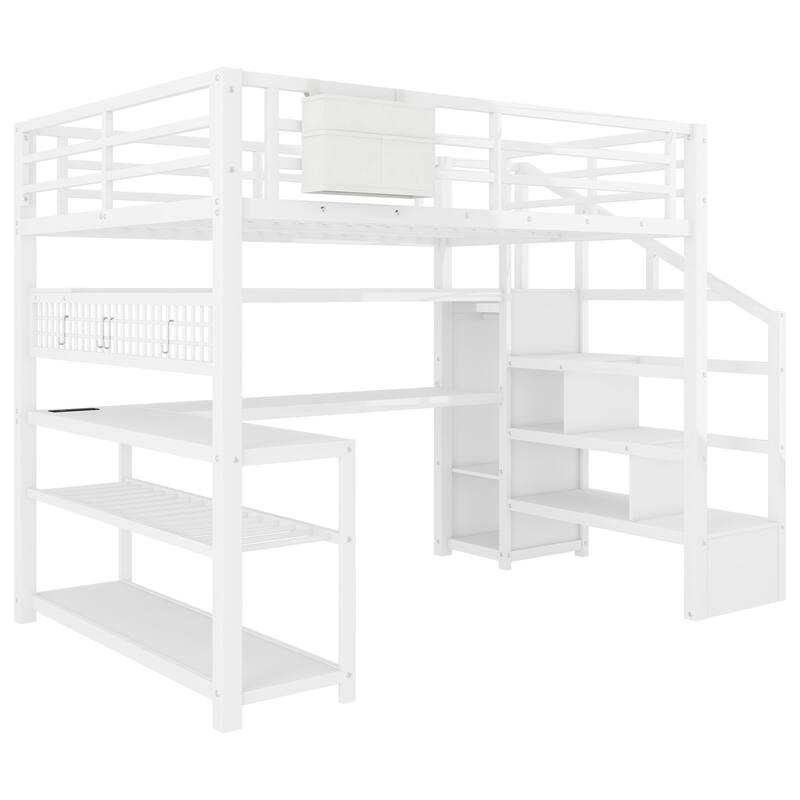 Full Size Metal Loft Bed Frame with Staircase, Wardrobe, Desk, Mesh Board, Storage Shelves, Pocket, LED Lights, Charging Station