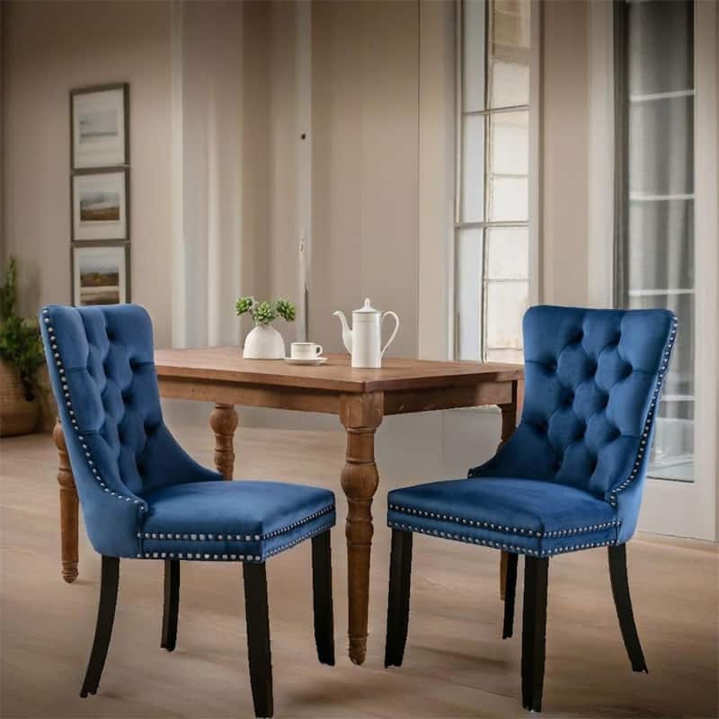 Velvet Upholstered Dining Chair with Wood Legs and Nailhead（Set of 2) - N/A