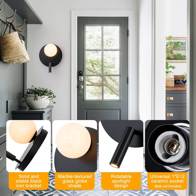 Black Dual-Light Wall Sconce with Textured Moon Glass Globe Modern