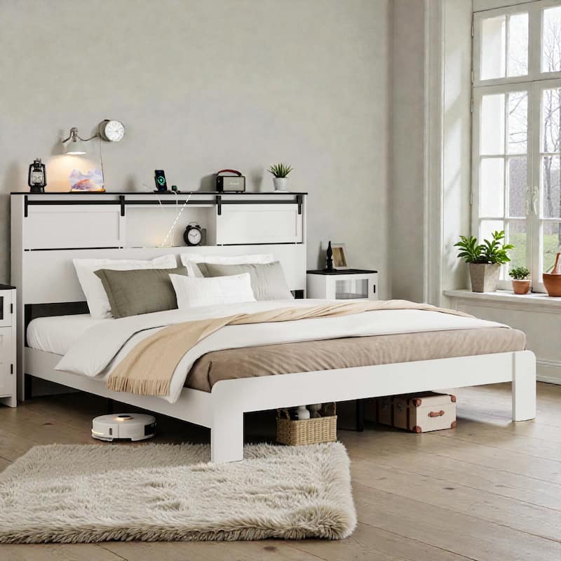 Metal Platform Bed Frame with USB Ports and Storage Headboard, Noise-Free Design, White Queen/King Bed Frame - White - King