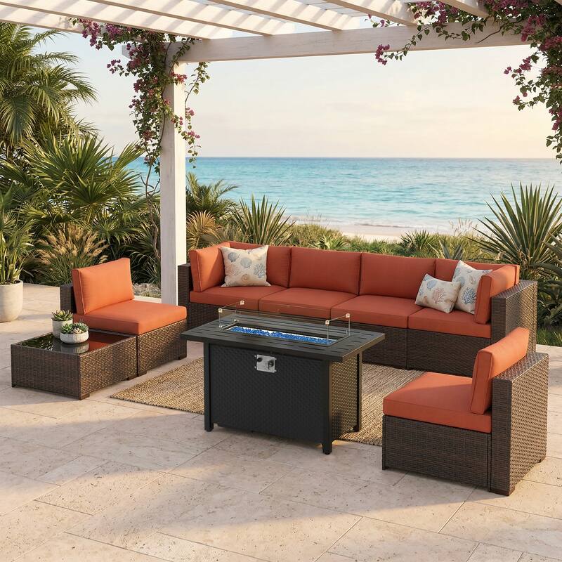 Outdoor Wicker Sectional Sofa 8-Piece Set with Fire Pit Table - Brown/Orange-red