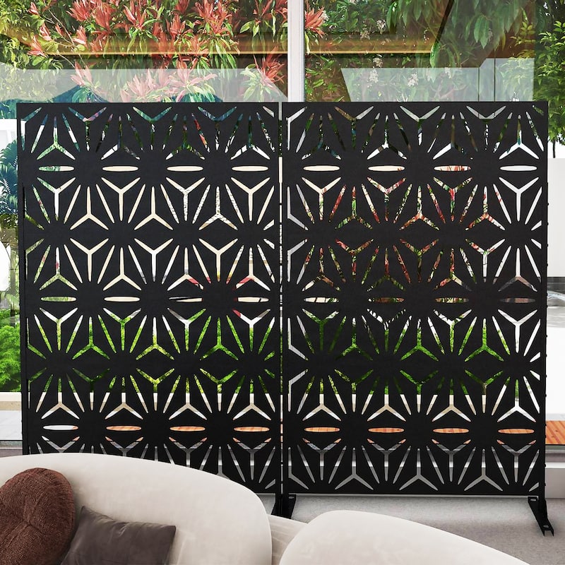 Outdoor Privacy Screen with Stand for Patio Garden Metal Fence - Black - 005-Star