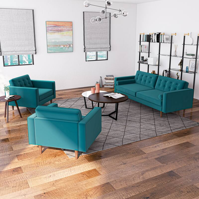 Mase 3-Piece Mid-Century Velvet Sofa and 2 Lounge Chairs Set in Gray