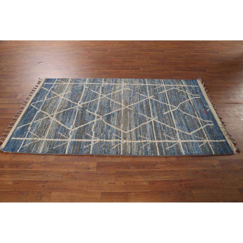 Striped Blue Moroccan Oriental Area Rug Handmade Wool Carpet - 3'10"x 6'9"