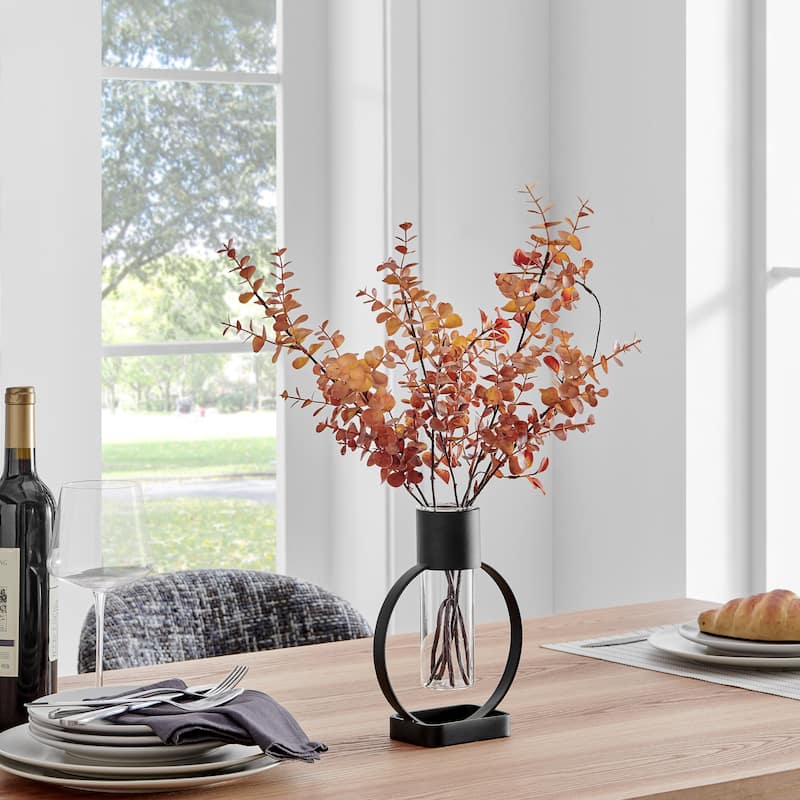 Danya B. Jacob Modern Black Metal Open Circle Pedestal Clear Glass Tabletop Vase