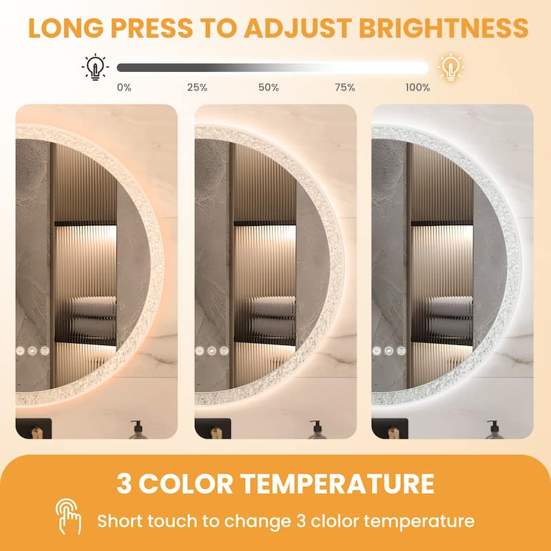 Smart Round Bathroom Mirror with LED Ring Light, Touchscreen, Anti-Fog, and Dimmable Brightness