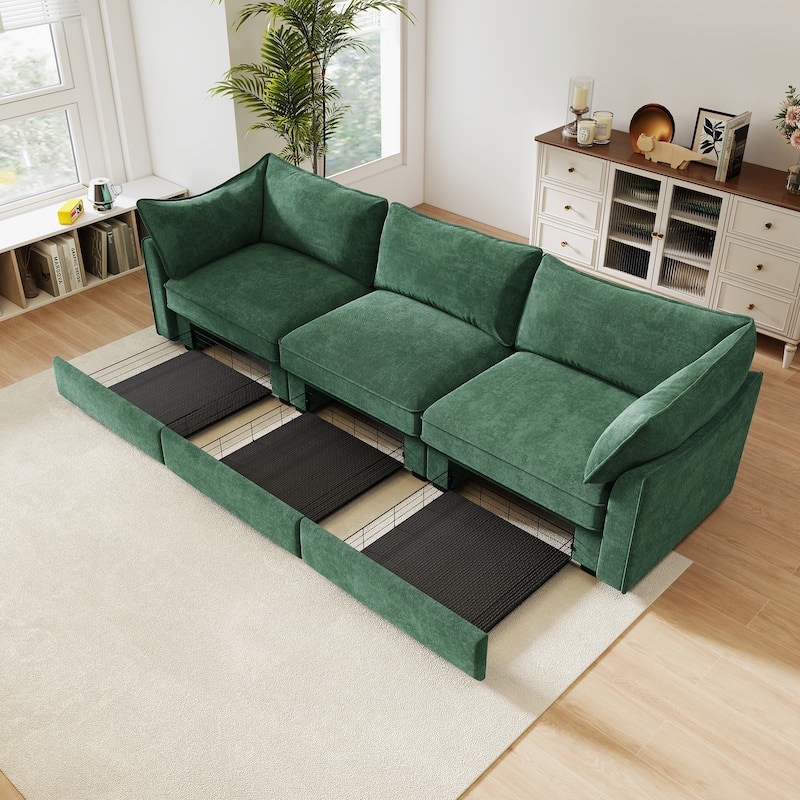 Rossetta 3-Seater Crescent Armrests Sofa with Pull-Out Storage Drawers and Wraparound Cushions in Classic Color Chenille