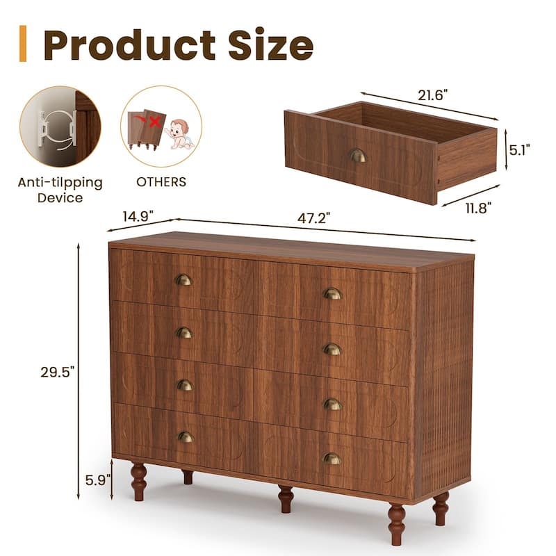 Meyreso Mid-Century Walnut Fluted Dresser with 6 or 8 Drawers