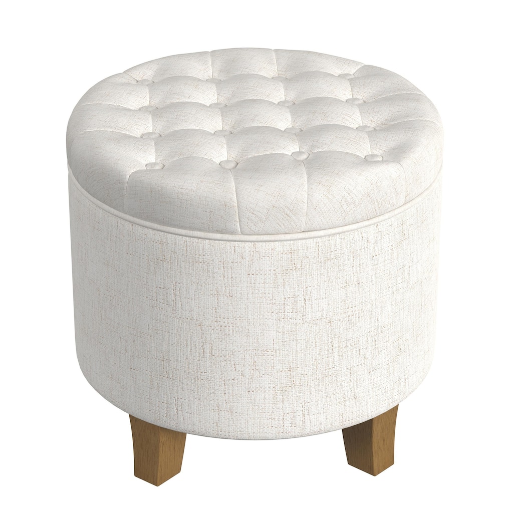 Wes Round Storage Ottoman, Cream Woven Fabric, Hardwood, 19 Inch