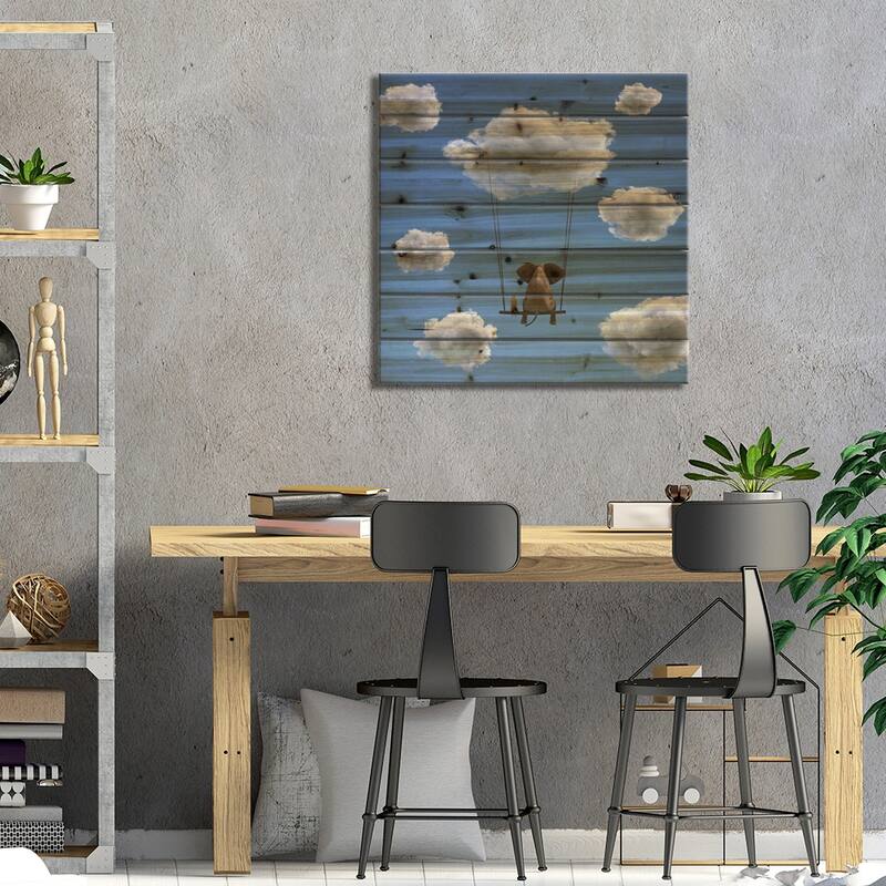 Elephant And Dog Are Flying On A Cloud II Print On Wood by Mike Kiev - Multi-Color