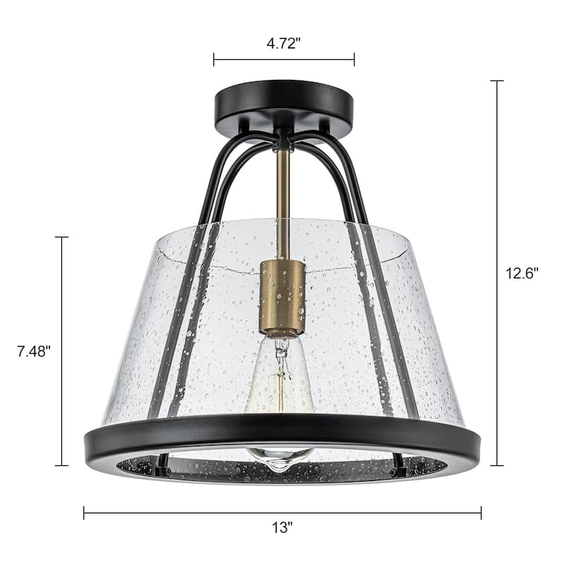 Industrial 1-Light Farmhouse Black Seeded Glass Semi Flush Mount