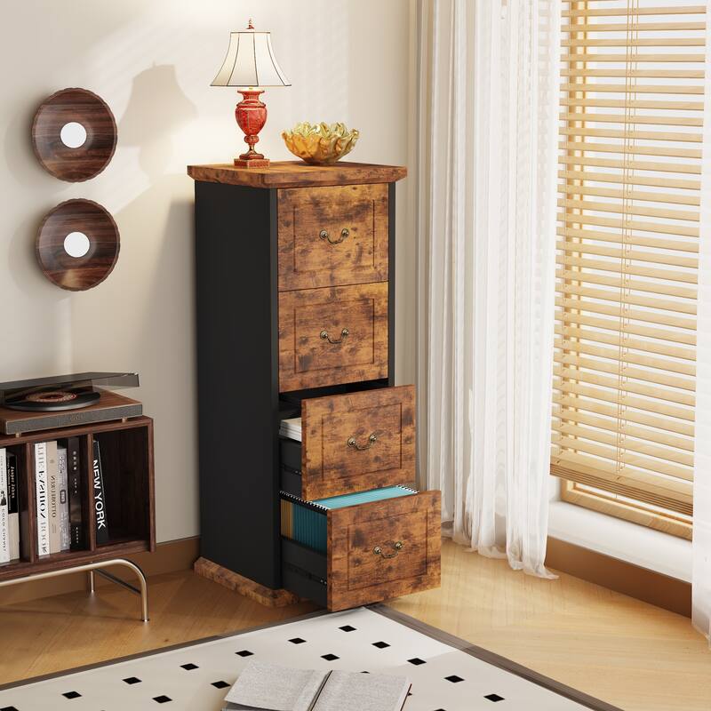 Wood Vertical Narrow Tall File Filing Cabinet with 4-Drawer for A4 - Brown+Black