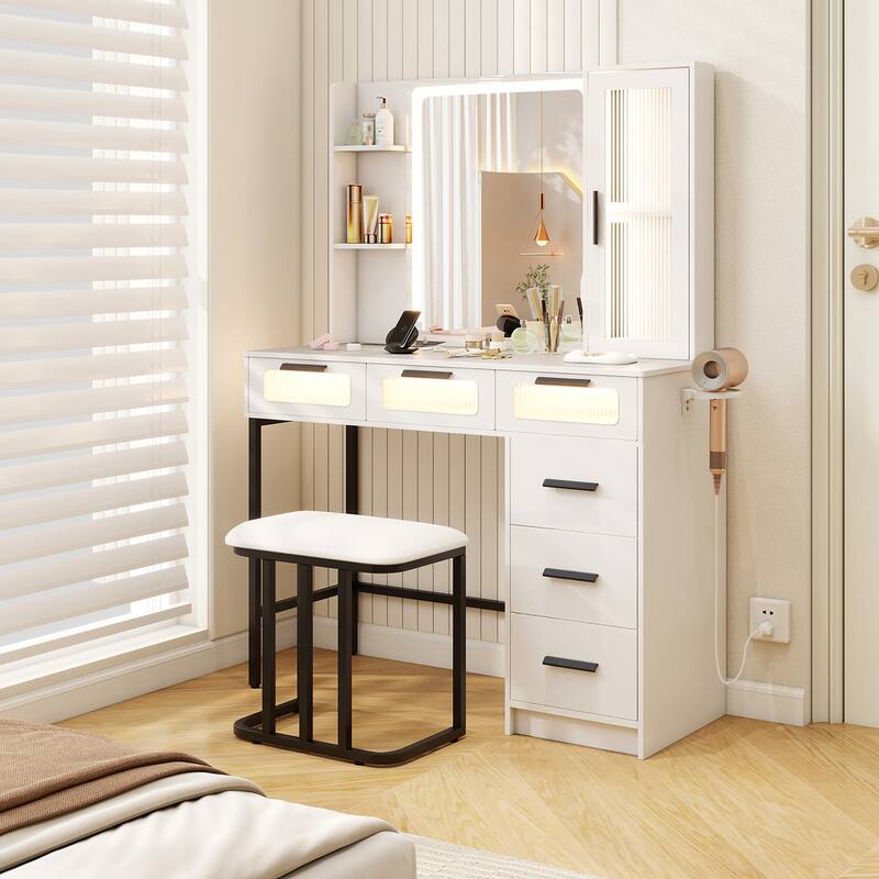 Gymax Vanity Desk w/ Mirror Induction Lighting 3-Color Lighting Modes