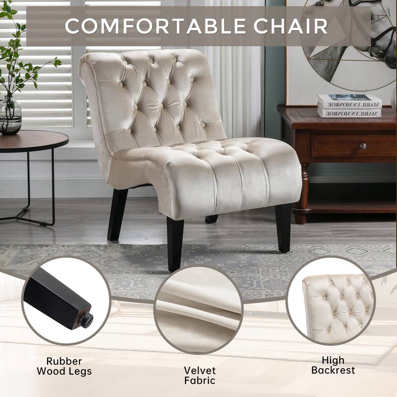 Beige 22.83" Buttons Tufted Accent Chair with Wooden Legs