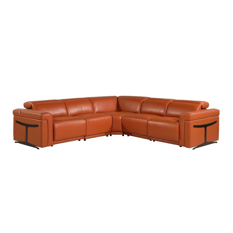 HomeRoots Camel Italian Leather Modular L Shaped Five Piece Corner Sectional