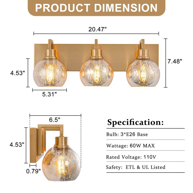 3-Light Mercury Glass Globe Wall Sconce Modern Vanity Light