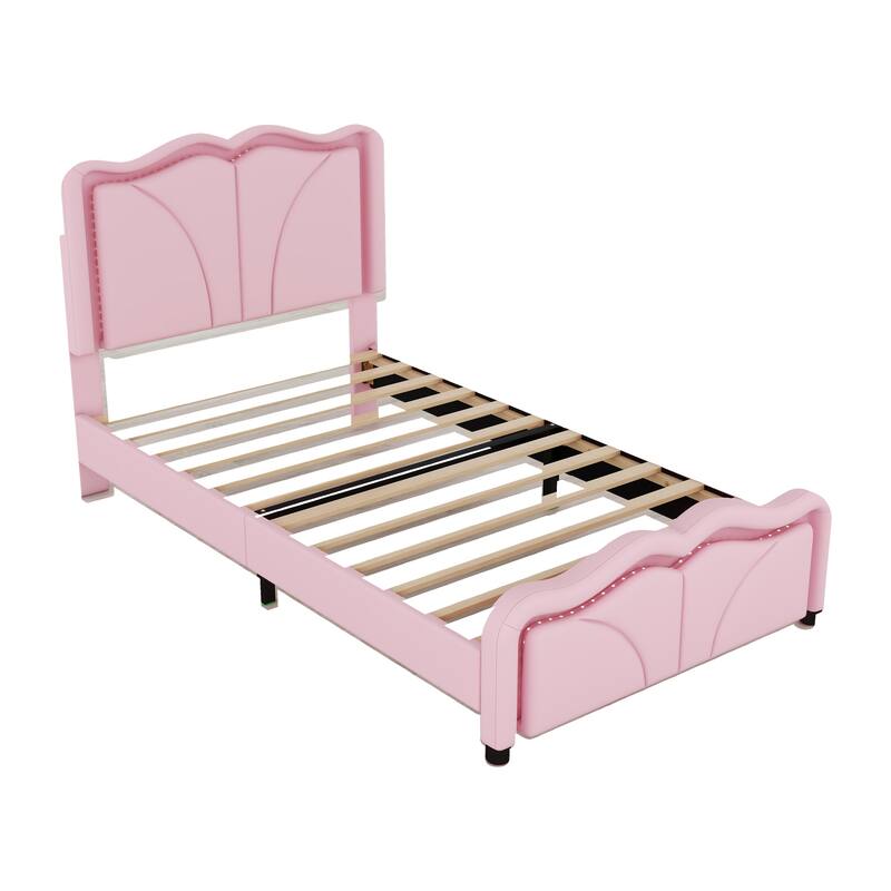 Modern Kids Twin/Full Platform Bed with Adjustable Height PU Headboard, LED Lights, and Sturdy Frame