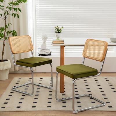 Dining Chairs Set of 2, Velvet Rattan Side Accent Chairs with Chrome Legs, Modern Mid Century Breuer Designed Chairs